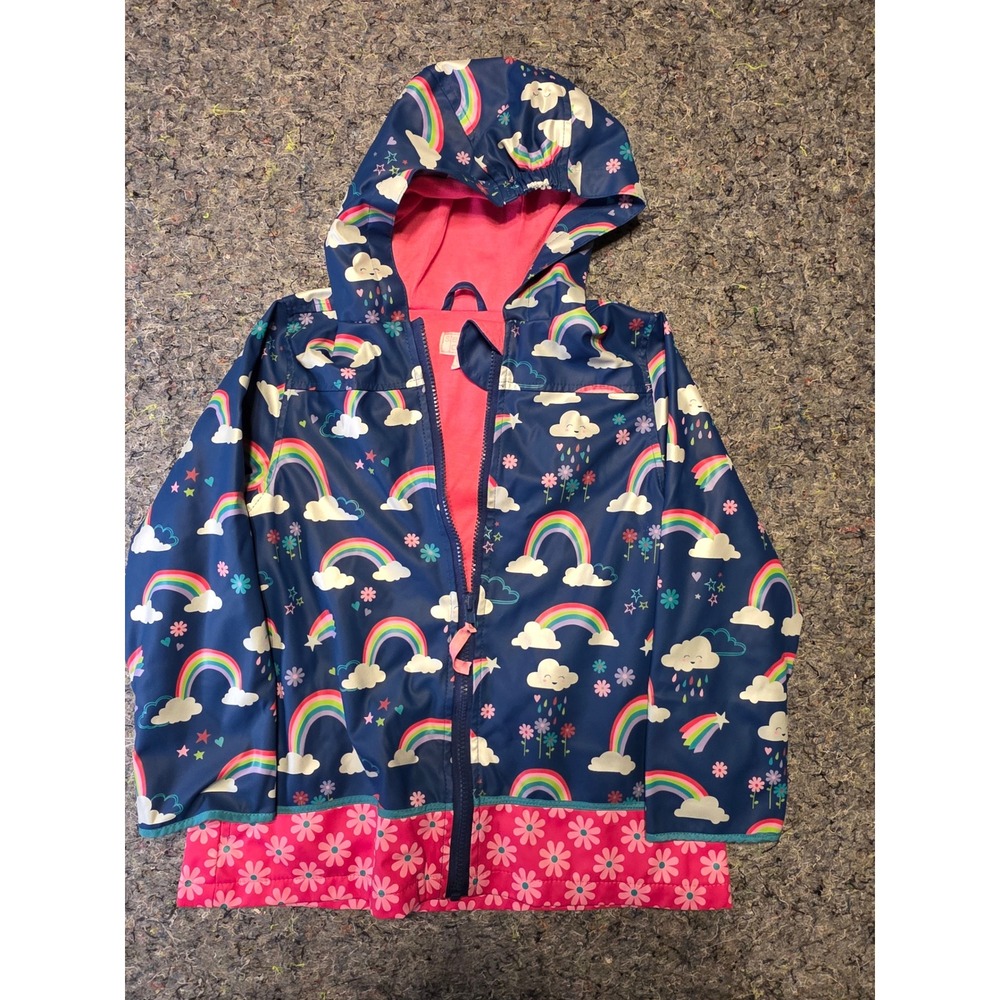 982 Stephen Joseph Girls Rainbow Clouds Raincoat Navy Blue Pink Hooded Jacket 6X